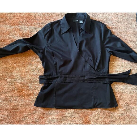 East 5th Top Womens Black Stretch Mock Wrap Self Tie Bow Size  14 Zip Rhinestone - Picture 2 of 10